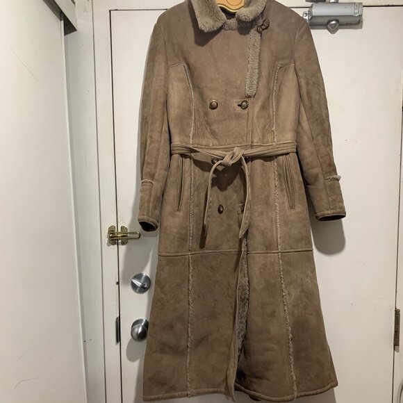 VINTAGE MONTREAL LEATHER GARMENT BELTED SHEARLING SHEEPSKIN COAT SIZE 14 - Picture 4 of 11